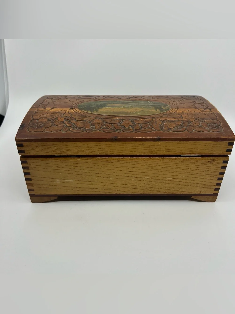 Vintage wooden carved jewelry keepsake box with mirror
